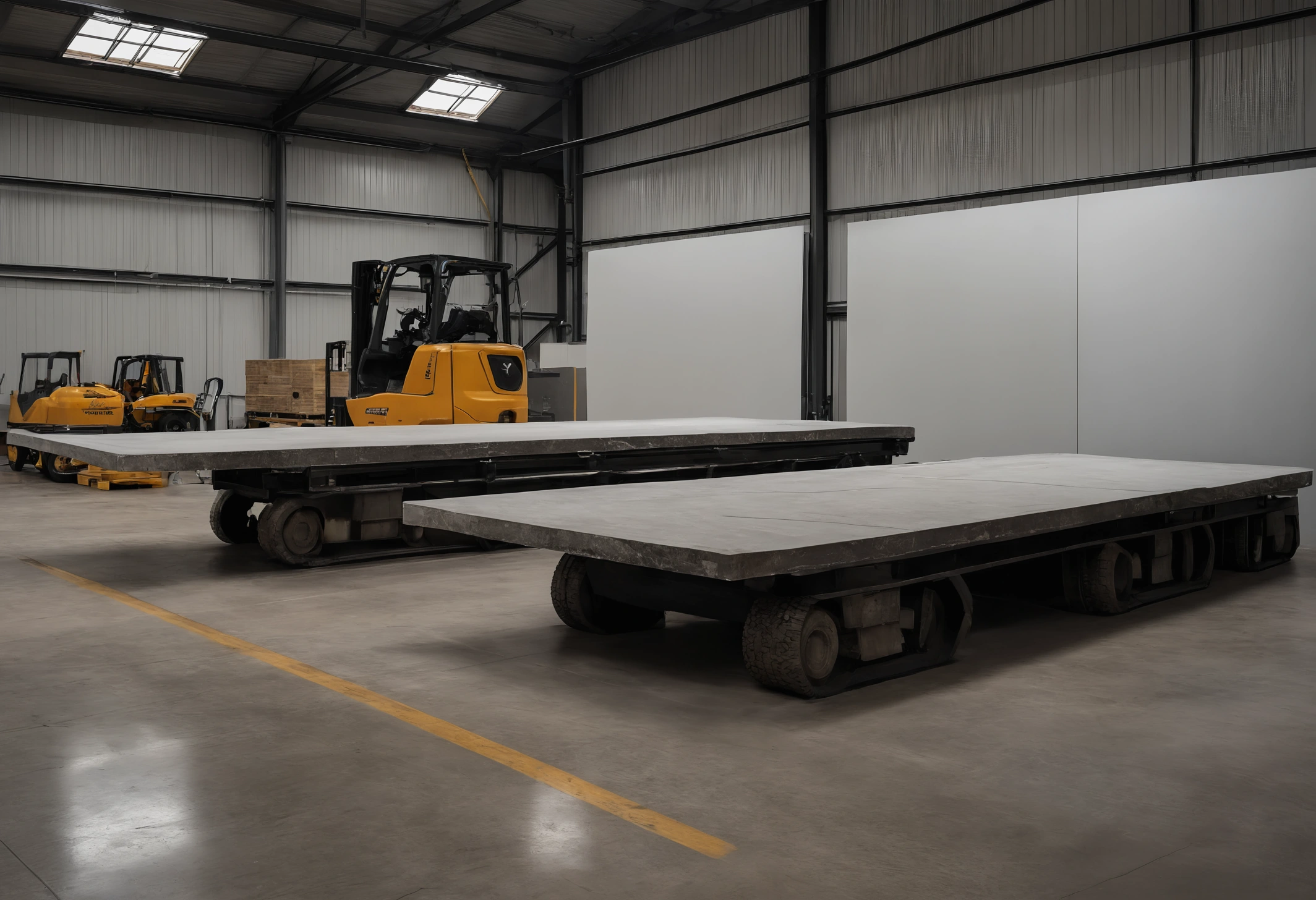 Rows of large marble slabs standing in warehouse racks with strong side lighting revealing veining
