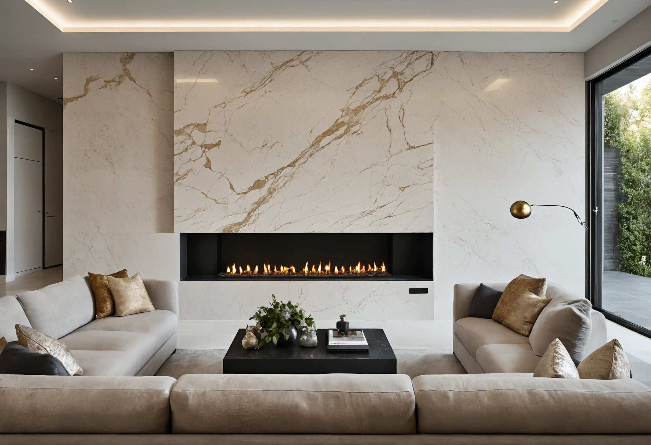 Installed book-matched marble feature wall with mirrored veining meeting at a central joint
