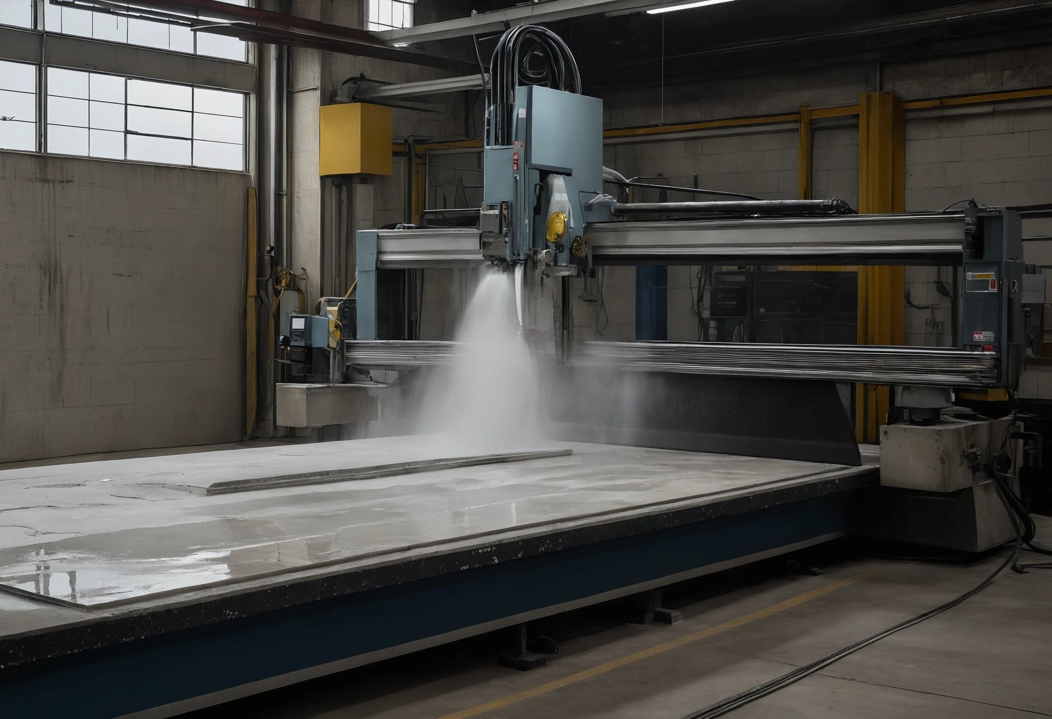 Stone fabrication workshop with a bridge saw cutting a slab under water and templates laid out