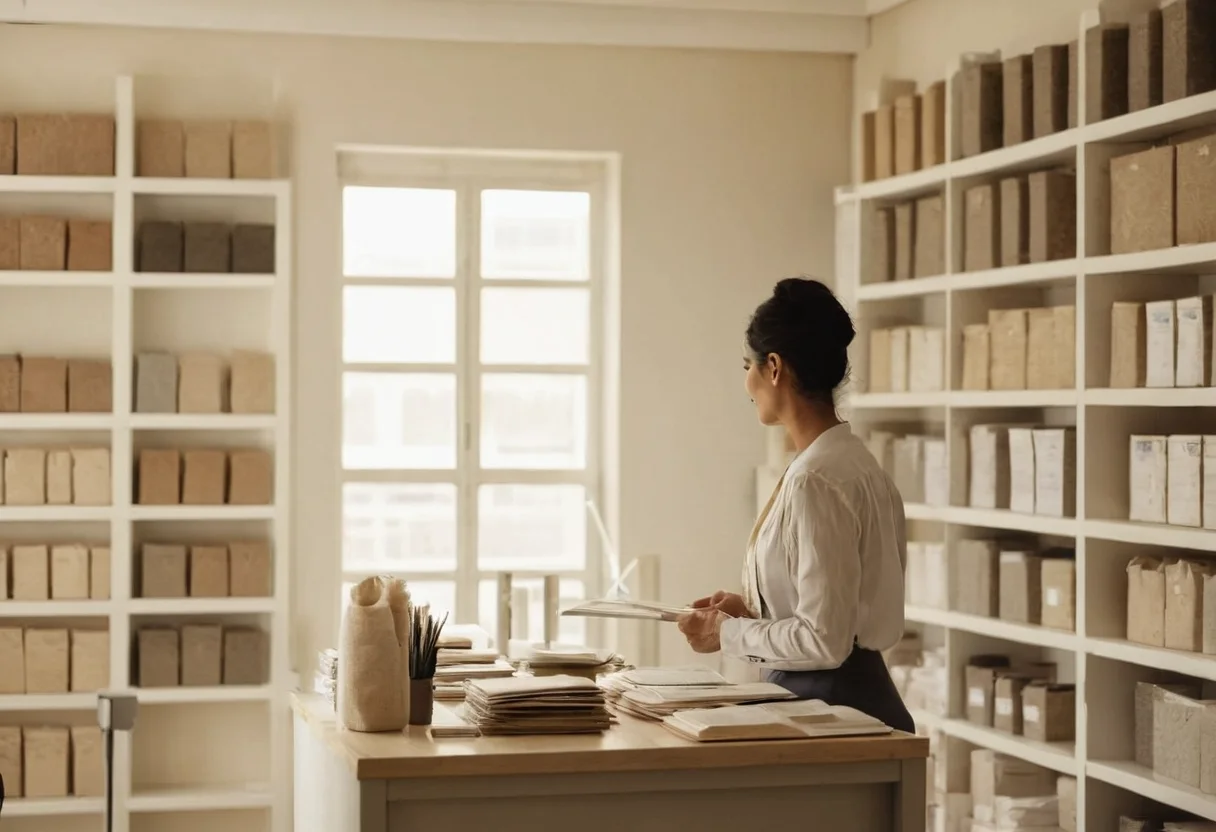 Residential design editor reviewing drawings beside shelves of material samples