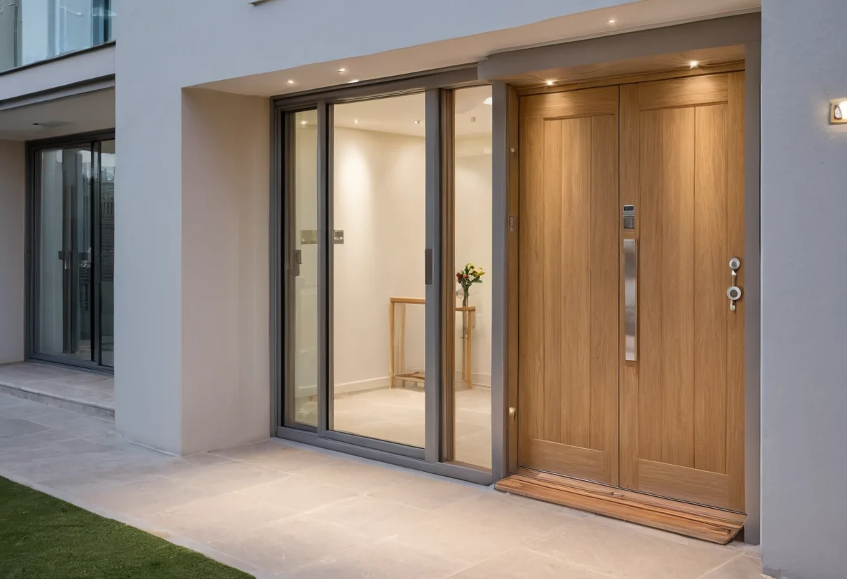 Step-free home entrance with generous clearance and an integrated timber bench
