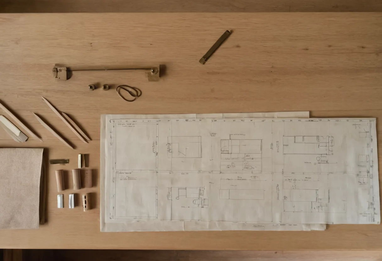 Material samples and marked residential plans arranged on a long worktable
