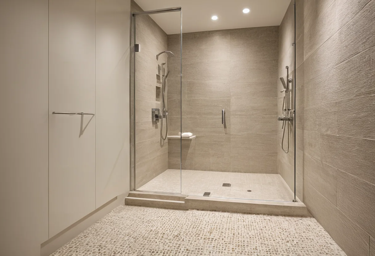 Bathroom showing different materials across wet, splash and dry zones