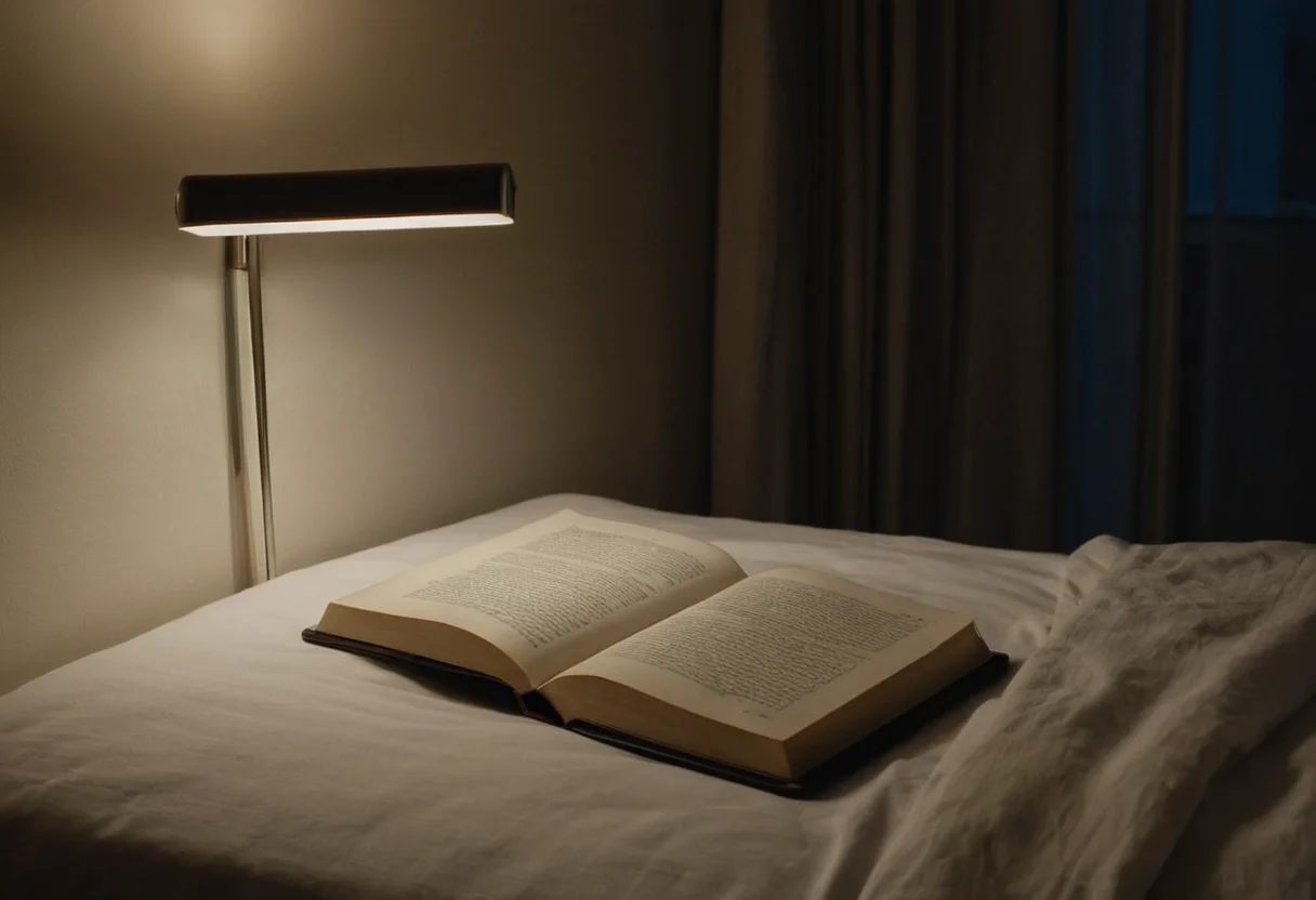 Shielded bedside reading light photographed from pillow height