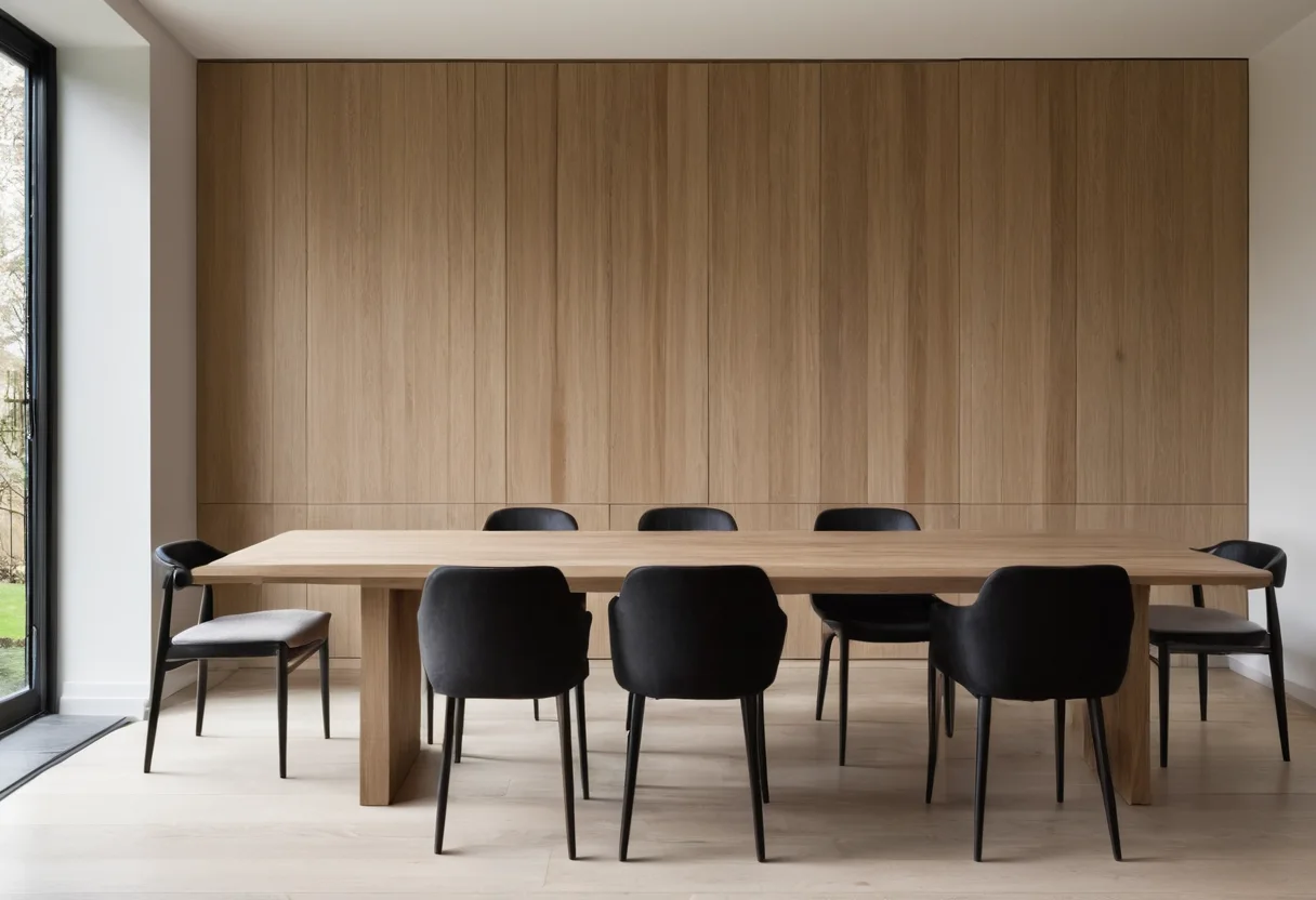 Room combining oak joinery, walnut furniture and dark-stained accents