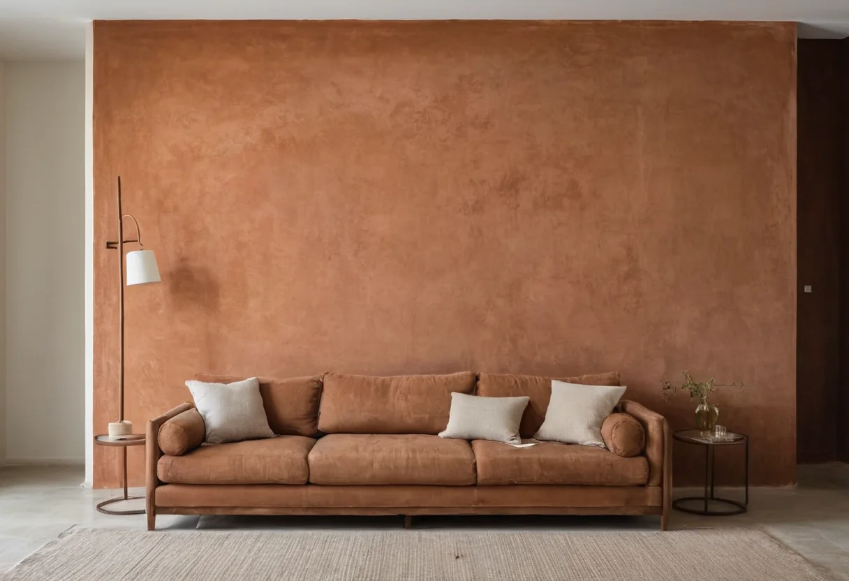 Quiet plaster wall holding changing daylight beside a furnished room