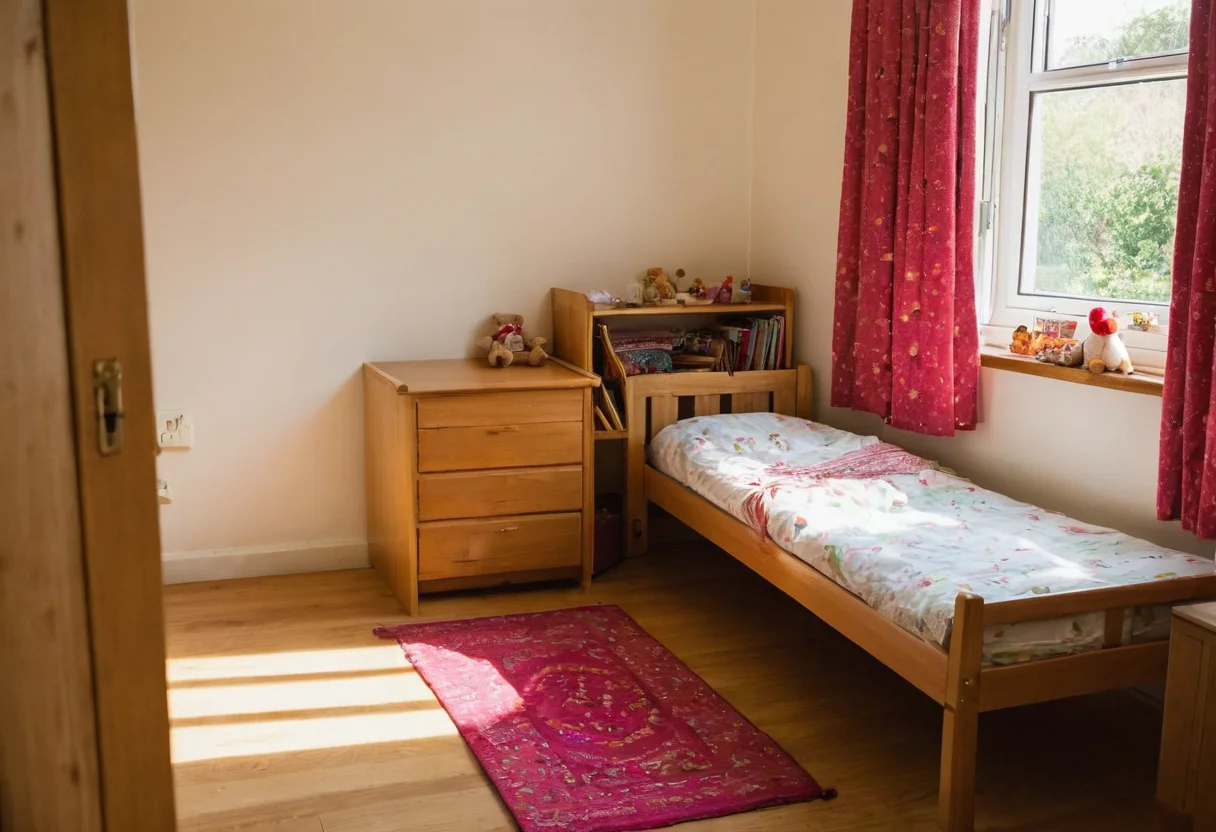 Adaptable child's room with full-size desk and replaceable colorful objects