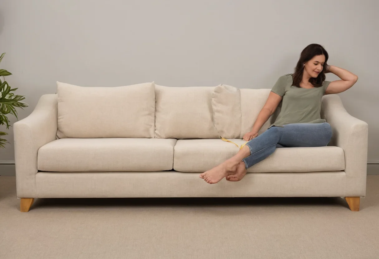 Person testing sofa depth and back support in a furniture showroom