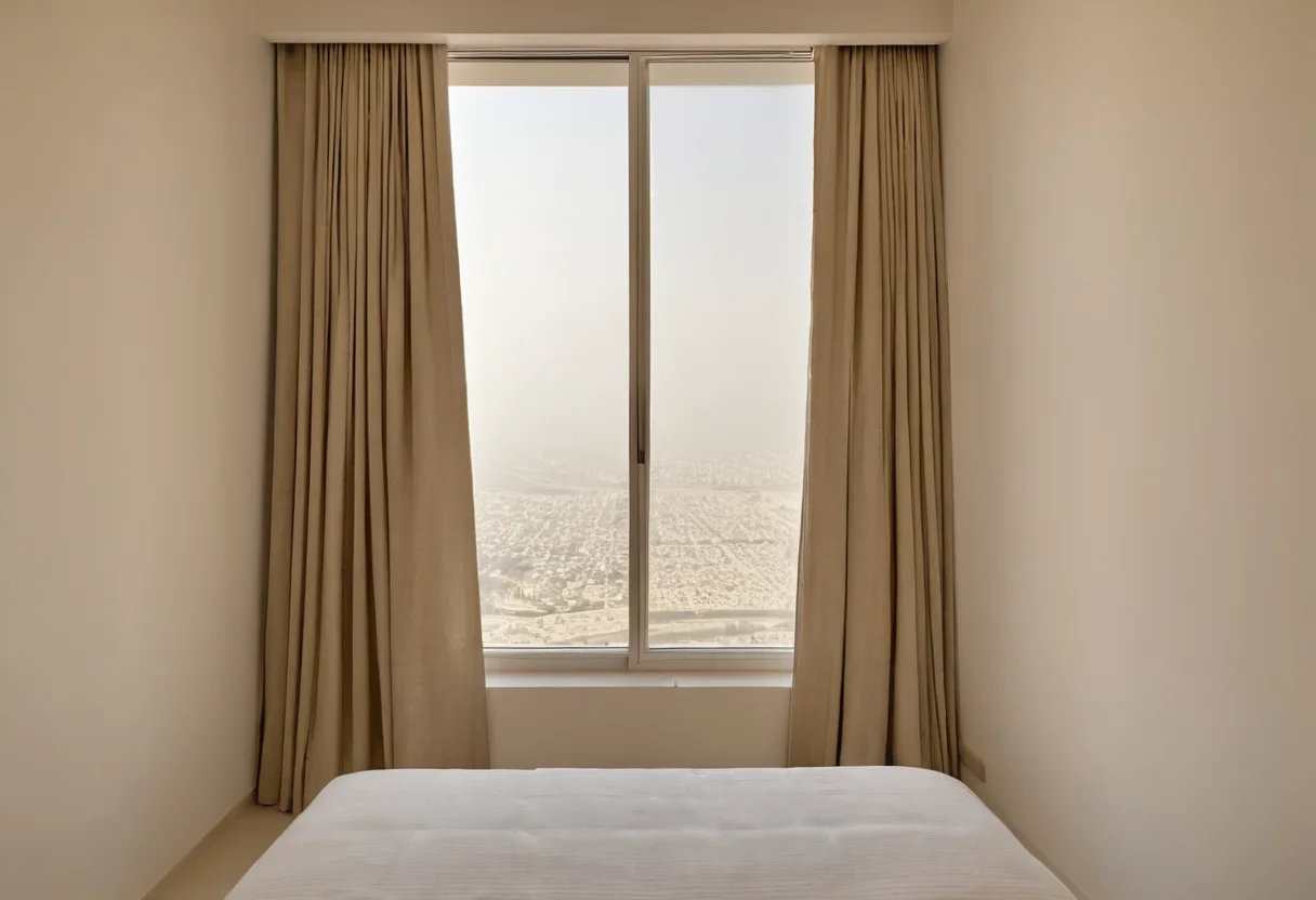 Full-height curtains stacked completely clear of a wide window