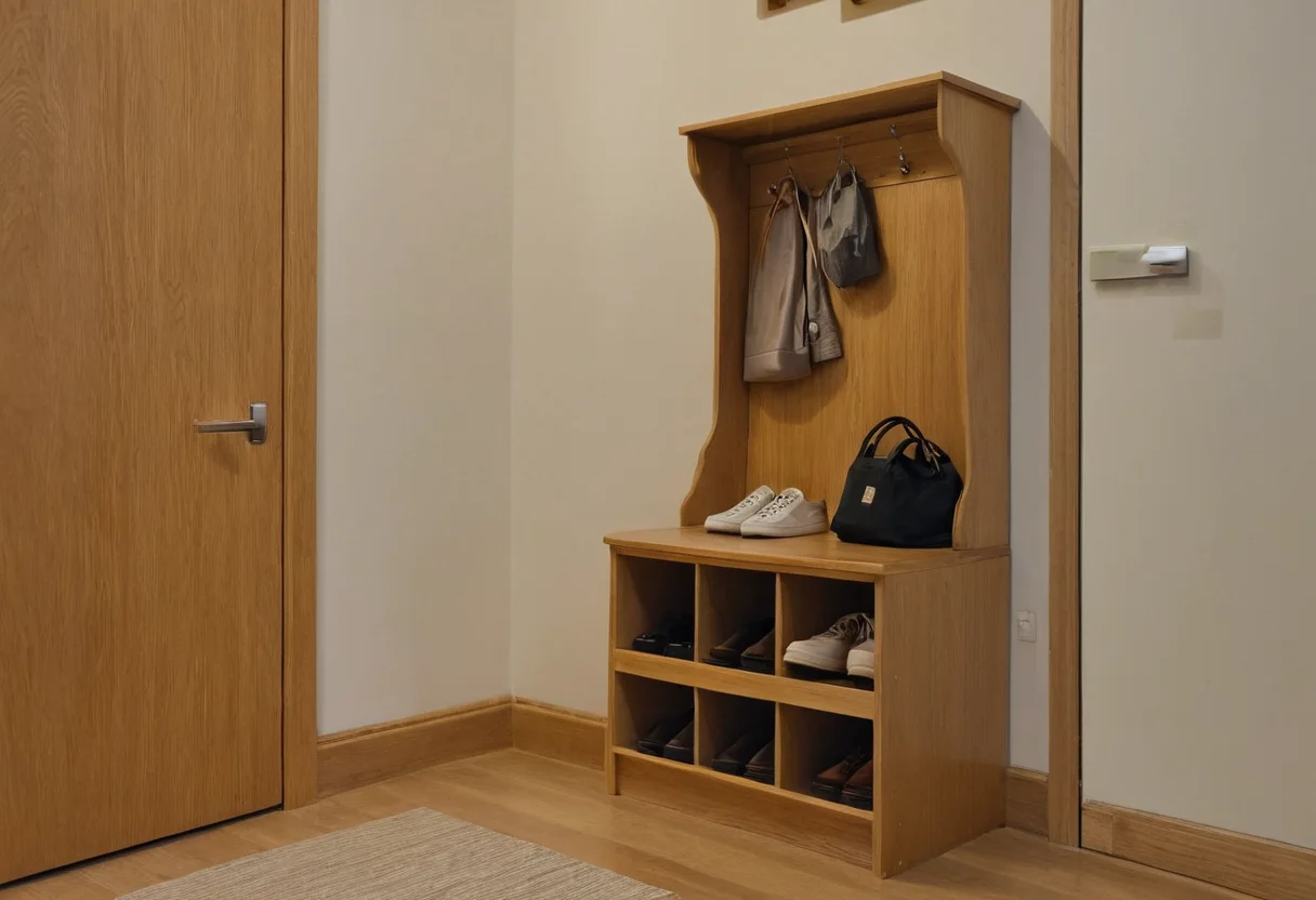 Open entry cabinet revealing organized shoes, bags and daily essentials