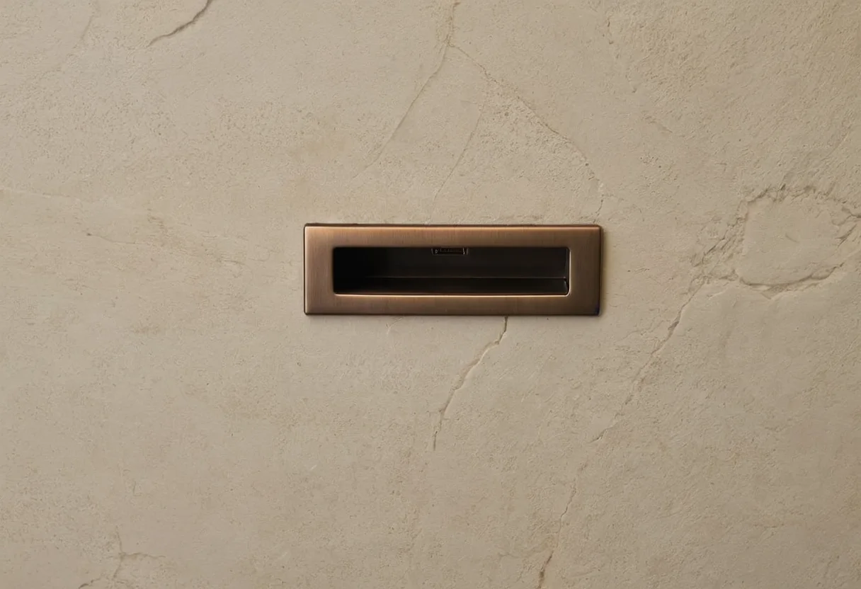 Close view of aligned socket, stone joint, cabinet reveal and handle