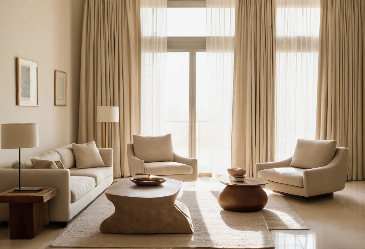 Sunlit Dubai living room arranged for conversation around a low timber table