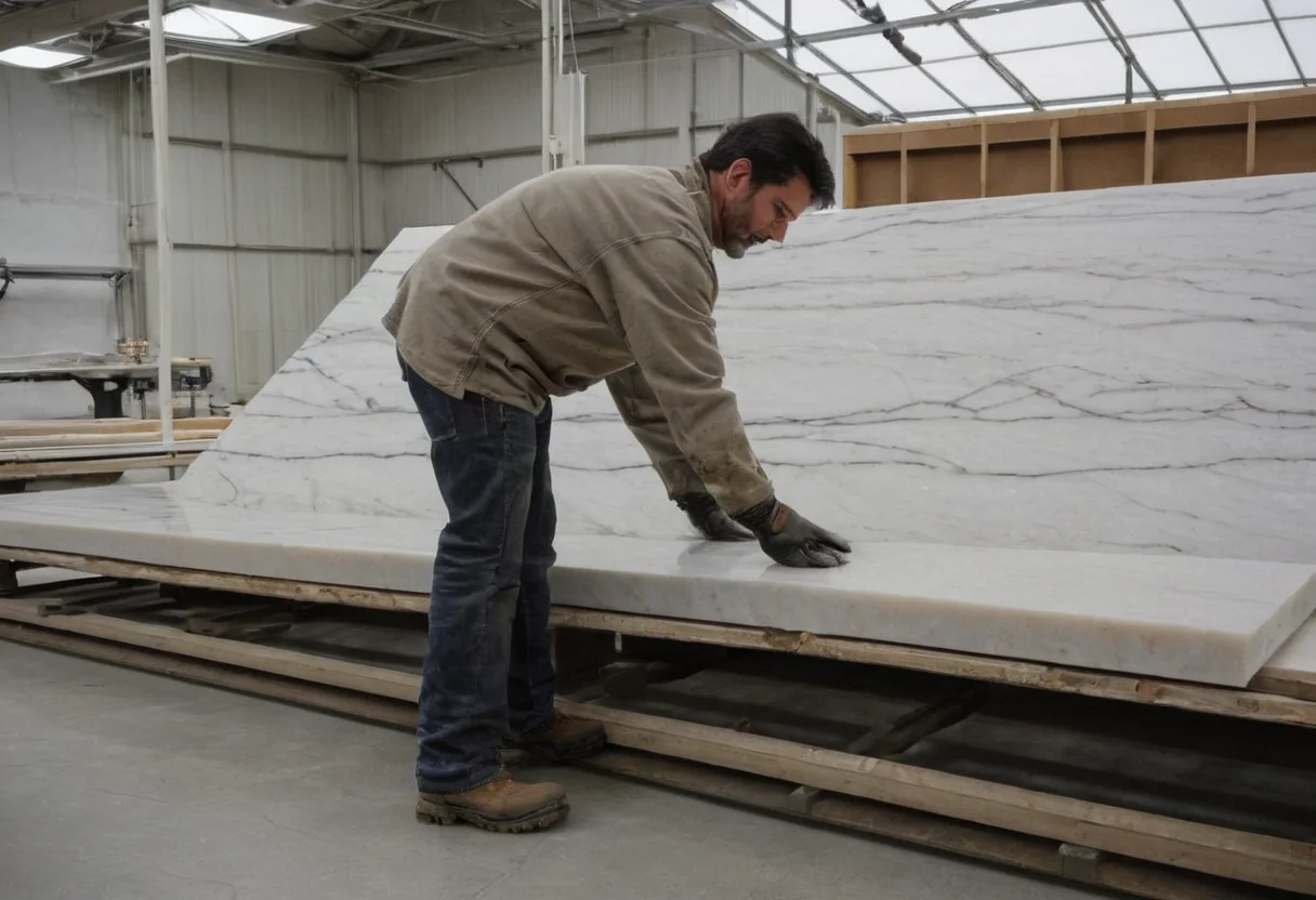 Designer inspecting a wet marble slab in a stone yard before cutting