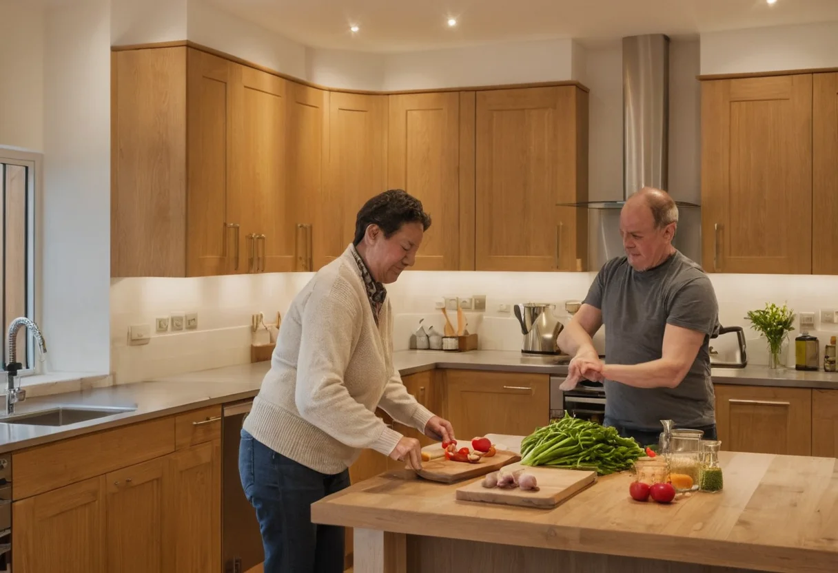 Two people preparing food in separate but connected kitchen work zones