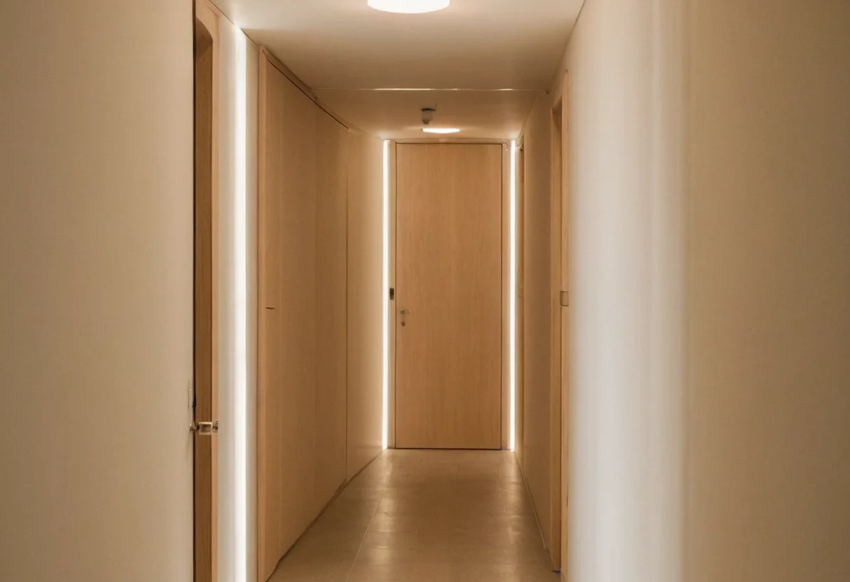 Narrow corridor organized by aligned doors and pools of light