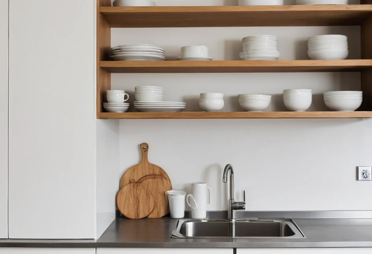 Part-open kitchen shelving designed with reachable cleaning space