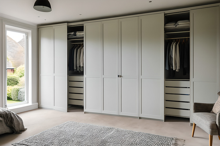 Run of fitted floor to ceiling wardrobes with one door open