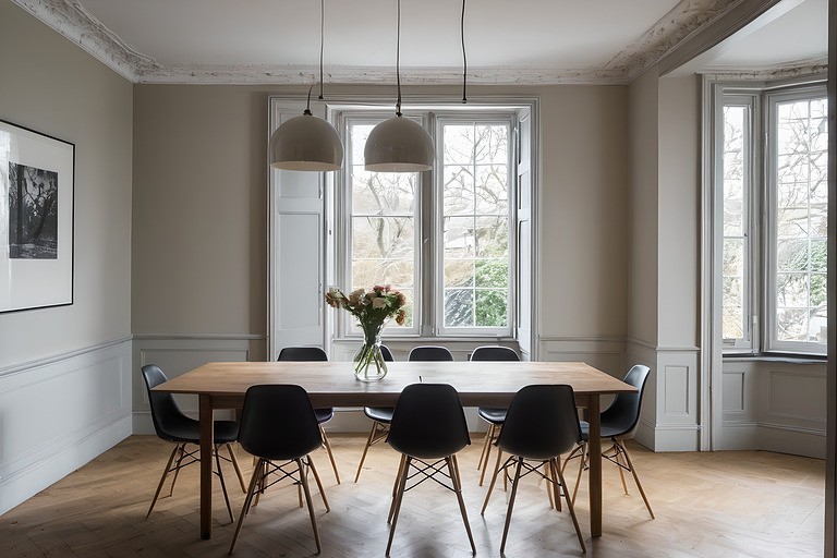 Dining room with pendant lights hanging above a table