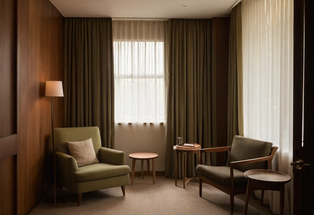Quiet reading corner screened from view by timber slats and a curtain