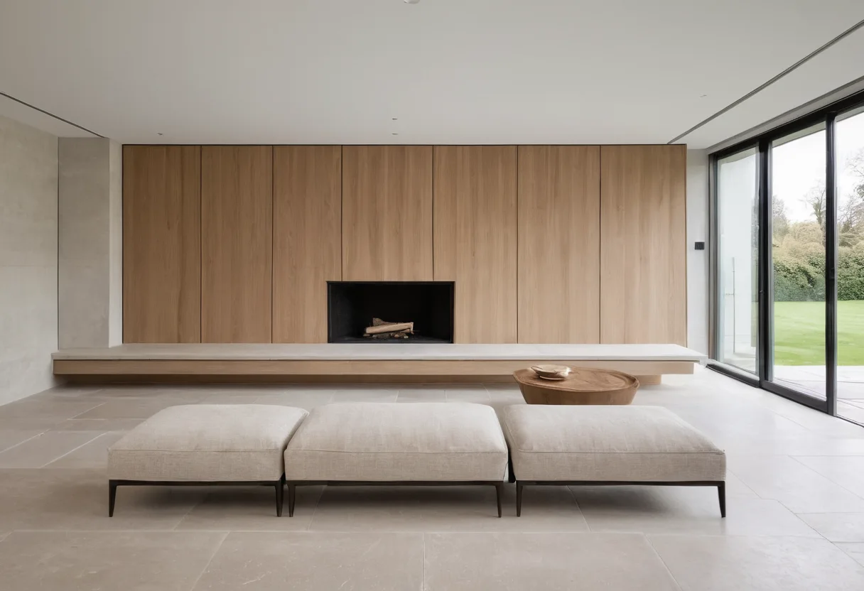 Nearly empty living room showing precise stone, oak and plaster junctions