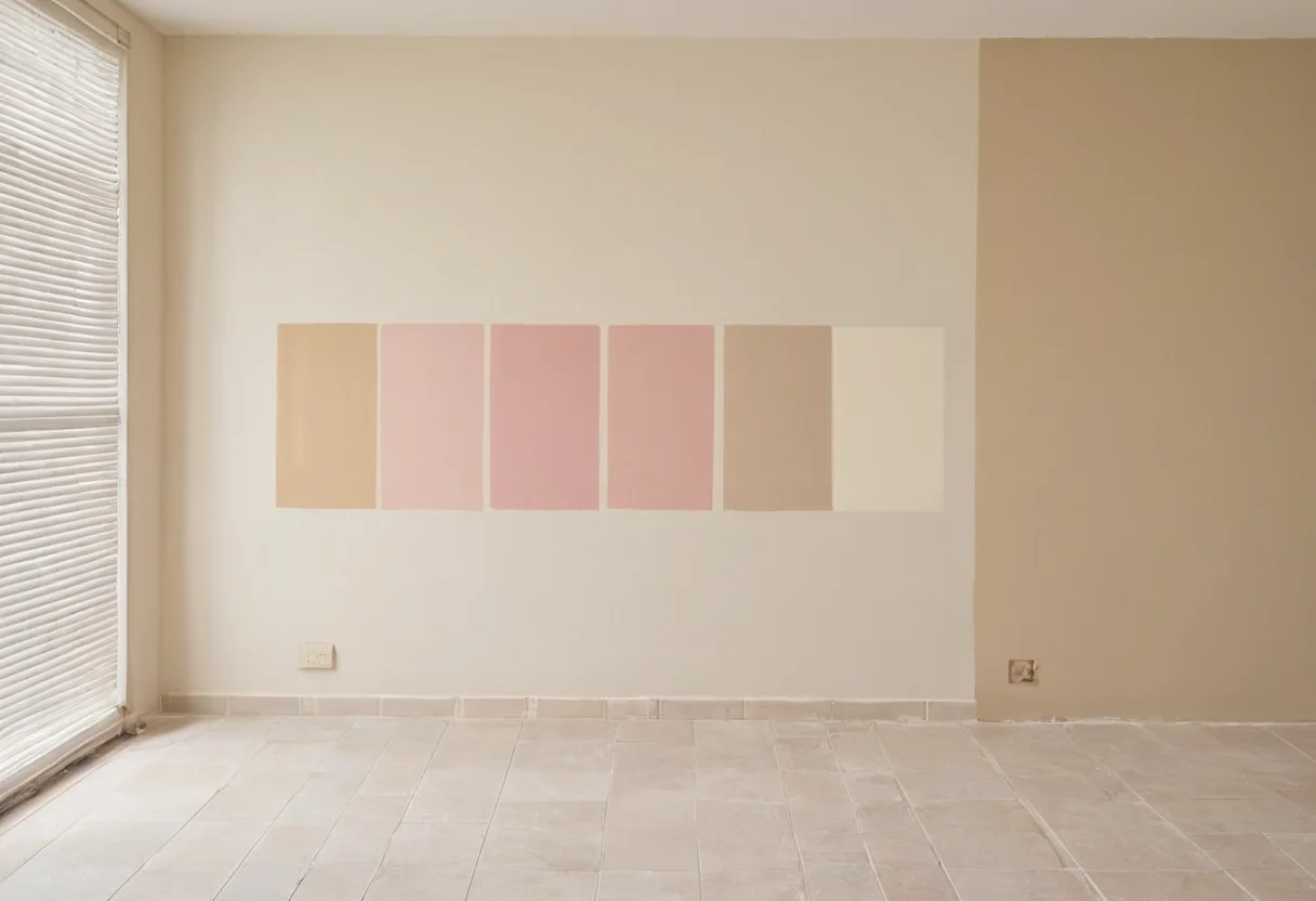 Large warm-white paint samples tested beside oak and travertine