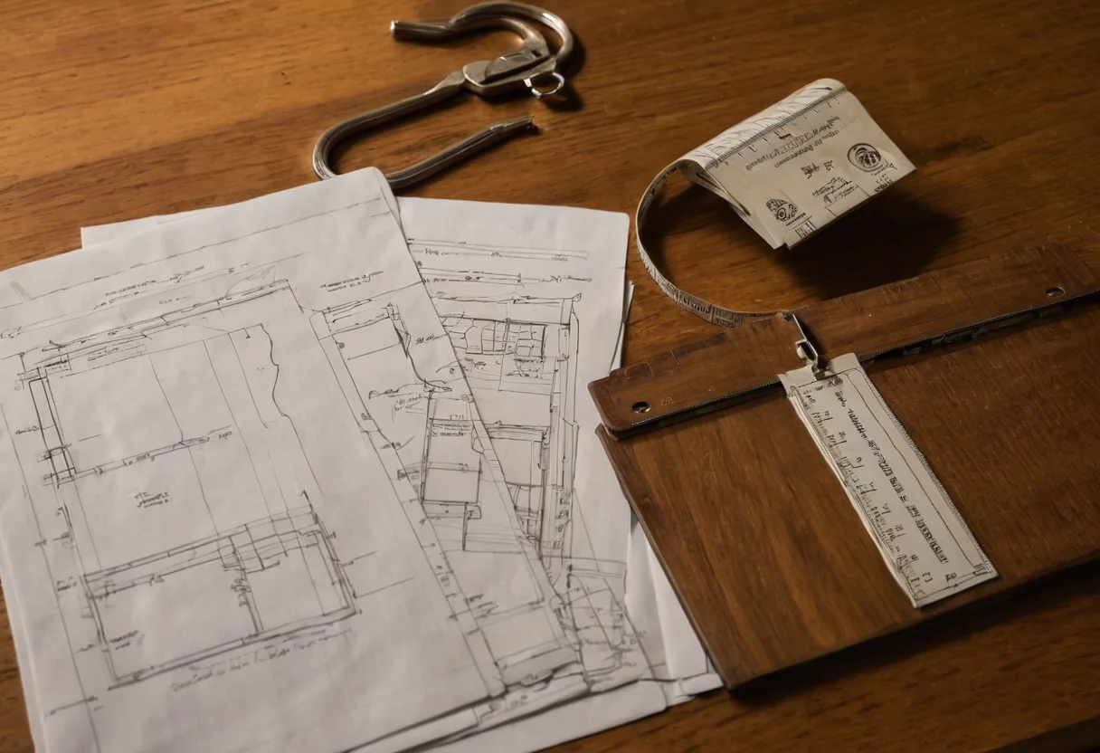 Residential drawings, measuring tools and a signed project folder on a table
