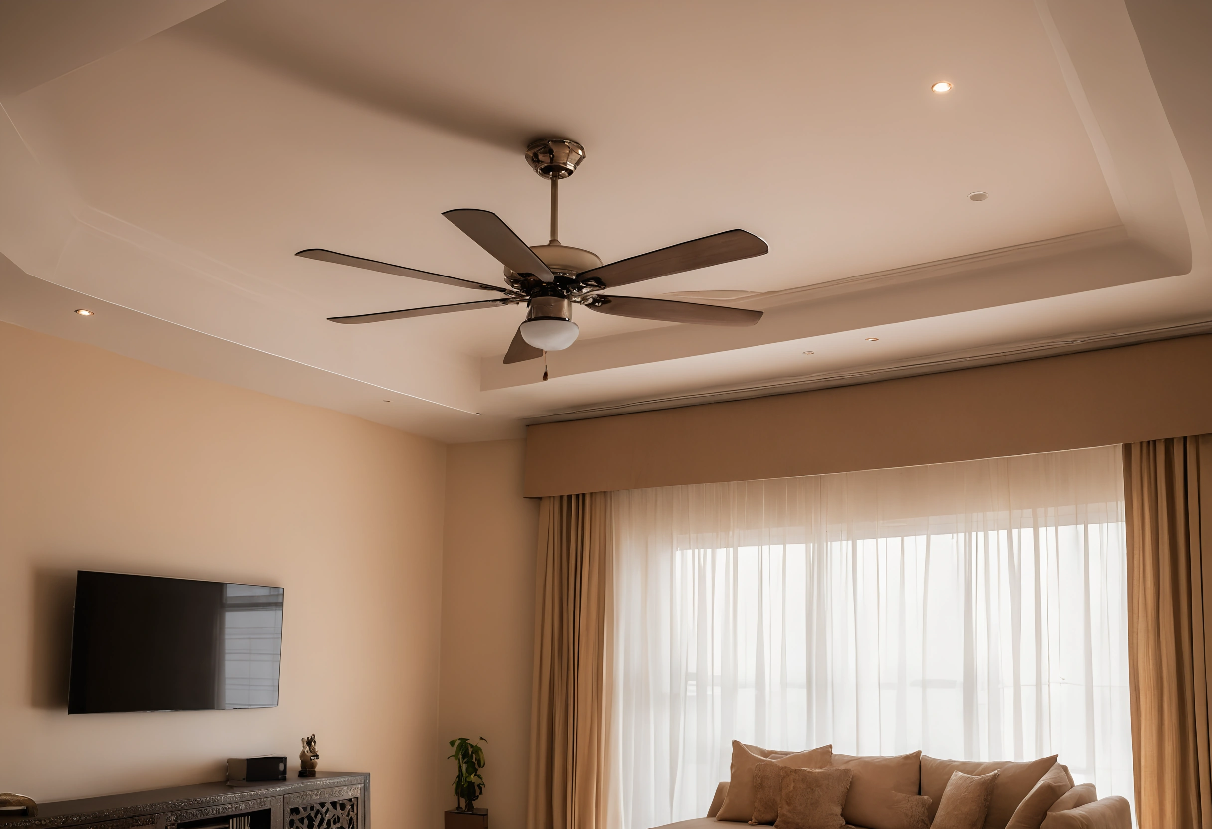 Majlis ceiling with a five-blade ceiling fan in a recessed tray above a sofa, sheer curtains at the window