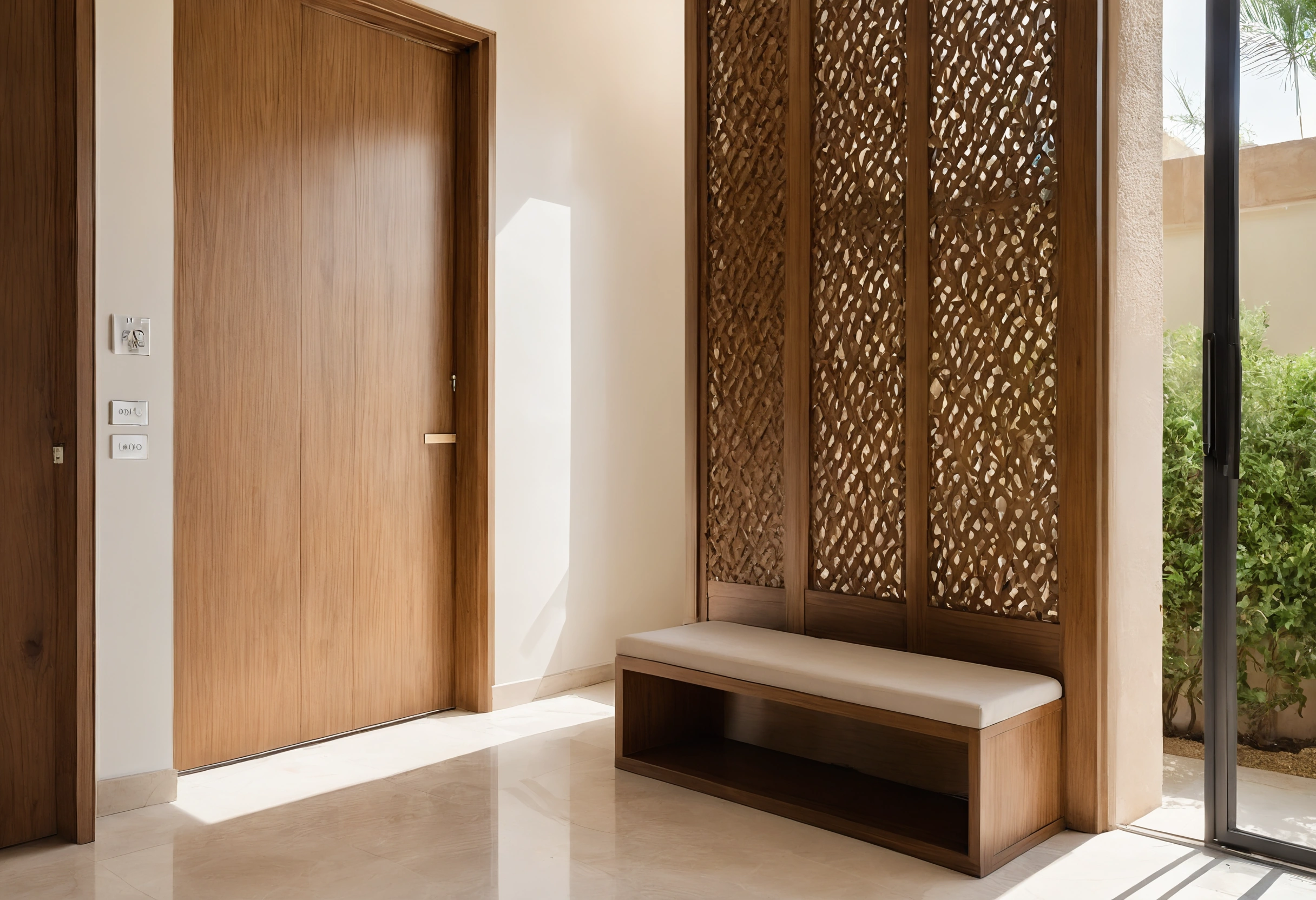 Villa hallway with a carved timber screen, a cushioned bench and a tall timber door, sunlight from a glazed side door