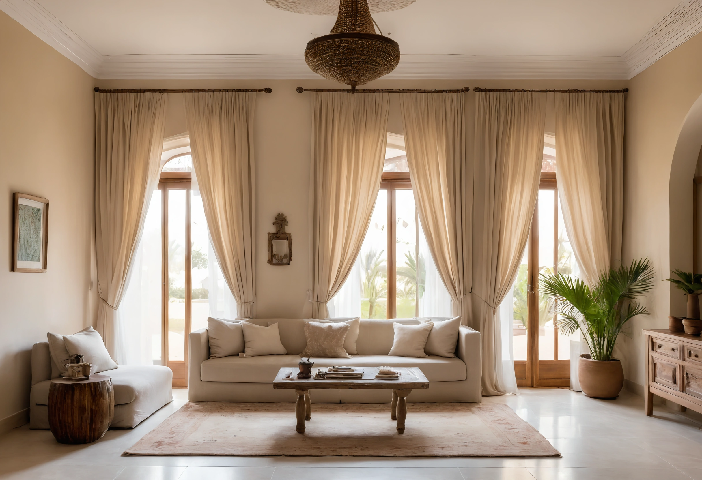 Villa majlis with a low sofa and side seats around a carved coffee table, a lantern pendant and sheer curtains over arched windows